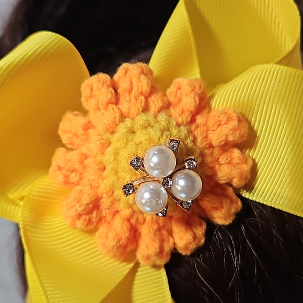 Hand Crafted yellow bow hairband hand  crochet flower faux pearls beads floral - Picture 11 of 17